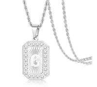 TempBeau Letter Chain Necklace for Men丨 Square Diamond Capital Monogram Pendant Necklaces with Stainless Steel Link Silver Rope Chain 22+2 Inch,Trendy Name Initial Jewelry Gifts for Men, Stainless