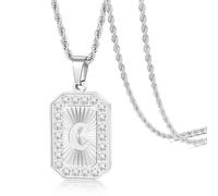 TempBeau Letter Chain Necklace for Men丨 Square Diamond Capital Monogram Pendant Necklaces with Stainless Steel Link Silver Rope Chain 22+2 Inch,Trendy Name Initial Jewelry Gifts for Men, Stainless
