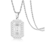 TempBeau Letter Chain Necklace for Men丨 Square Diamond Capital Monogram Pendant Necklaces with Stainless Steel Link Silver Rope Chain 22+2 Inch,Trendy Name Initial Jewelry Gifts for Men, Stainless