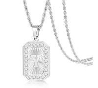 TempBeau Letter Chain Necklace for Men丨 Square Diamond Capital Monogram Pendant Necklaces with Stainless Steel Link Silver Rope Chain 22+2 Inch,Trendy Name Initial Jewelry Gifts for Men, Stainless