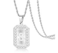 TempBeau Letter Chain Necklace for Men丨 Square Diamond Capital Monogram Pendant S Necklaces with Stainless Steel Link Silver Rope Chain 22+2 Inch,Trendy Name Initial Jewelry Gifts for Men