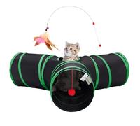 Tempcore Cat Tunnel for Indoor Cats, 3-Way Collapsible Play Tunnel with Teaser Wand, Peek Holes & Toy Ball, Small Pet Toy for Kittens & Rabbits, Black & Green