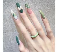 Temperament enhancement manicure, long green white checkerboard hand-painted love bow super white pure hand-worn armor.(L)