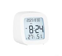 Temperature and Humidity Display LCD Alarm Clock with Voice Activated Backlight, Multi Function Calendar, Day of Week, Snooze Function and 12/24 Hour Time Settings (White 1)