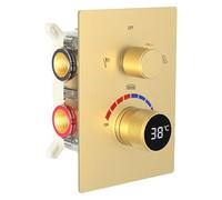 Temperature Display 3 Way Shower Mixer Valve Brass Rough-in and Rectangle Trim Kit, Triple Function Digital Shower Diverter, Brushed Gold