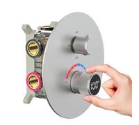 Temperature Display 3 Way Shower Valve Brass Rough-in Mixer and Round Trim Kit, Triple Function Digital Shower Diverter, Brushed Nickel