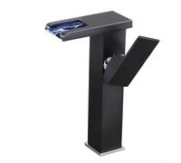 Temperature-Indicating Waterfall Faucet for Bathroom Sink, Luminous LED Colors Change with Water Heat, Solid Copper Construction (Black)