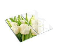Tempered Glass Chopping Board 2x30x52 cm Stain and Heat Resistance Bacteria-Resistant Rectangular Glass Grip Feet Polished Edges Printed Food Contact Easy to Clean Smooth Surface - White Tulips