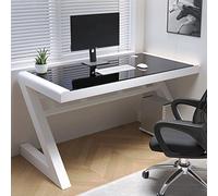 Tempered Glass Computer Desk Modern Design Student Writing Desk Study Desk Home Office Desk Gaming Desk Personal Workstation with Z-Shaped Metal Frame(47 Inch, Black & White)