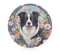Tempered Glass Cutting Board Round Border Collie Florals Cutting Boards with Rubber Non Slip Feet Kitchen Counter Protector Small Chopping Board for Bread Fruits 7.9 X 7.9"