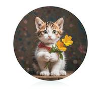 Tempered Glass Kitten Hugging A Flower Cutting Board Heat Resistant, Round Chopping Board with Non-slip Feet, Fruit Glass Cutting Boards for Kitchen Counter, Small Chopping Boards 8x8 Inch