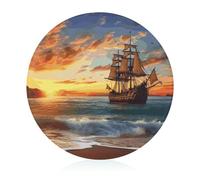 Tempered Glass Pirate Ship Sunset Cutting Board Heat Resistant, Round Chopping Board with Non-slip Feet, Fruit Glass Cutting Boards for Kitchen Counter, Small Chopping Boards 8x8 Inch