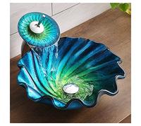 Tempered Glass Vessel Sink Blue Waterfall Faucet Set, Chrome Mixer Tap Above Counter Sink, With Mounting Ring