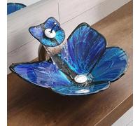 Tempered Glass Vessel Sink with Waterfall Faucet and Pop-up Drain Combo for Modern Bathroom Vanities