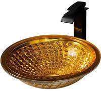 Tempered Glass Vessel Sink with Waterfall Faucet and Pop Up Drain, Top Mount Bathroom Bowl Sink, Modern Vanity Basin
