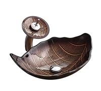 Tempered Glass Vessel Sink with Waterfall Faucet Combo and Pop-Up Drain, Modern Leaf Design for Bathroom Vanity