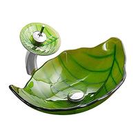 Tempered Glass Vessel Sink with Waterfall Faucet Combo and Pop-Up Drain, Modern Leaf Design for Bathroom Vanity