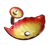 Tempered Glass Vessel Sink with Waterfall Faucet Combo and Pop-Up Drain, Modern Leaf Design for Bathroom Vanity