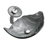 Tempered Glass Vessel Sink with Waterfall Faucet Combo and Pop-Up Drain, Modern Leaf Design for Bathroom Vanity