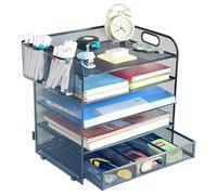 TempFoo 5-Tier Desk Tidy File Storage Organiser Holder with 2 Pen Holders, Stationary Supplies Letter Magazine Book Paper Trays Organizer, for Home Office Teacher Supplies Desktop Accessories Black