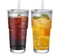 TempFoo Iced Coffee Cup, 2PC 600ML Glass Smoothie Matcha Boba Cups, Ice Bubble Tea Tumblers with Lids and Straws, Reusable Travel Drink Milkshake Ribbed Glasses Clear