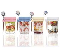 TempFoo Overnight Oats Jar Container set 4, 350ml Glass Mason Jars with Lids and Spoon, Cereal Milk Vegetable Fruit Salad Jam Protein Porridge Clear Storage Containers, Breakfast Pots with Lid