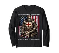 Templar Knight Crusader USA Flag Graphic Long Sleeve T-Shirt