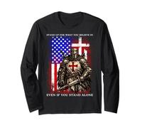 Templar Knight Crusader USA Flag Graphic Long Sleeve T-Shirt