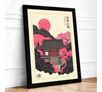 Temple Among Blossoms Japandi Framed Wall Art Print A3 (42×29.7cm) Black, Wall Decor for Living Room, Bedroom, Office & Home, Ready to Hang, Art Gift