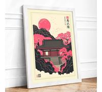 Temple Among Blossoms Japandi Framed Wall Art Print A3 White