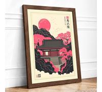 Temple Among Blossoms Japandi Framed Wall Art Print A4 Walnut