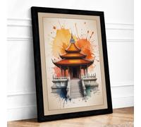 Temple at Sunrise Japandi Framed Wall Art Print A2 Black