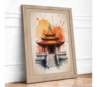 Temple at Sunrise Japandi Framed Wall Art Print A4 Oak