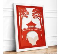 Temple Between Crimson Trees Japandi Framed Wall Art Print A1 (84.1×59.4cm) White, Wall Decor for Living Room, Bedroom, Office & Home, Ready to Hang, Art Gift