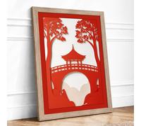 Temple Between Crimson Trees Japandi Framed Wall Art Print A1 Oak