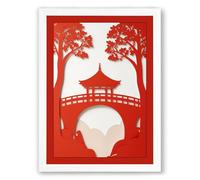 Temple Between Crimson Trees Japandi Framed Wall Art Print A2 (59.4×42cm) White, Wall Decor for Living Room, Bedroom, Office & Home, Ready to Hang, Art Gift
