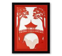 Temple Between Crimson Trees Japandi Framed Wall Art Print A4 (29.7×21cm) Black, Wall Decor for Living Room, Bedroom, Office & Home, Ready to Hang, Art Gift