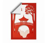 Temple Between Crimson Trees Japandi Unframed Wall Art Print A3 (42×29.7cm), Wall Decor for Living Room, Bedroom, Office & Home, Art Gift