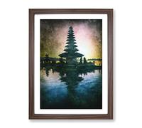 Temple In Bali Indonesia At Sunset Painting Modern Framed Print | A3 Walnut Framed Wall Art | Ready to Hang | Modern Religious Picture | Living Room Bedroom Lounge Office
