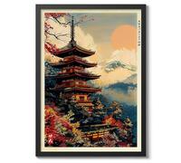 Temple In The Mountains Anime Woodblock Poster Modern Ukiyo-E, Japanese Cartoon Illustration Print, Archival Matte, A4 (Black Frame) - 29.7x21cm