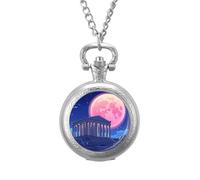 Temple of Aegina Ancient Greece Vintage Pocket Watches Roman Numerals Quaretz Watch with Chain Christmas Birthday Gifts Silver-Style