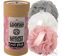 Temple Spring Loofah Shower Sponge, Recycled Body Scrubber Scrunchies, Exfoliating Bath Sponge, Shower Puff Bath Sponges for Adults, Loofah Back Scrubber Pouffe, Loofa Body Scrub Exfoliator Coral Pink