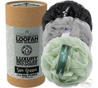 Temple Spring Loofah Shower Sponge, Recycled Body Scrubber Scrunchies, Exfoliating Bath Sponge, Shower Puff Bath Sponges for Adults, Loofah Back Scrubber Pouffe, Loofa Body Scrub Exfoliator -Sea Green