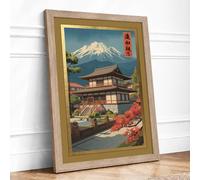 Temple Under Fuji Japandi Framed Wall Art Print A4 (29.7×21cm) Oak, Wall Decor for Living Room, Bedroom, Office & Home, Ready to Hang, Art Gift