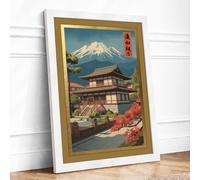 Temple Under Fuji Japandi Framed Wall Art Print A4 (29.7×21cm) White, Wall Decor for Living Room, Bedroom, Office & Home, Ready to Hang, Art Gift