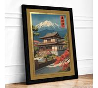 Temple Under Fuji Japandi Framed Wall Art Print A4 Black