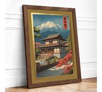 Temple Under Fuji Japandi Framed Wall Art Print A4 Walnut