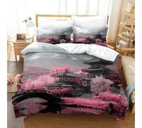 Temples Double Duvet Cover Set Cherry Blossom Theme Soft Comforter Cover All Season Quilt Cover 200x200cm Brushed Microfiber Hypoallergenic Bedding Sets with 2 Pillowcases A.65