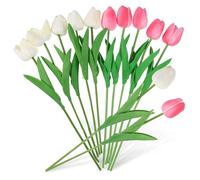 TEMPNAP 10 Pcs Artificial Tulips Bouquet Fake Flowers Realistic Spring Decor for Home Window Table Porch Decorations with White and Pink Stems