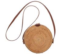 TEMPNAP Fashion Handbag Round Shape Straw Bag Knitted Woven Shoulder Bag for Beach Leather Buckle